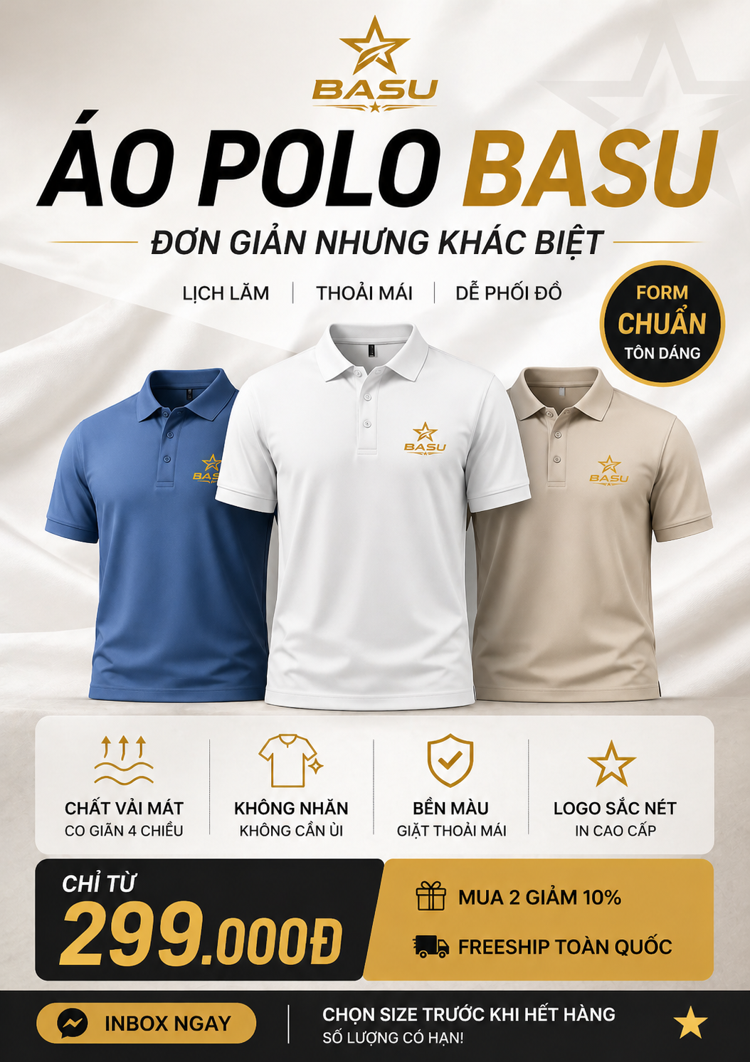 Ba mẫu áo polo BASU màu xanh, trắng và be