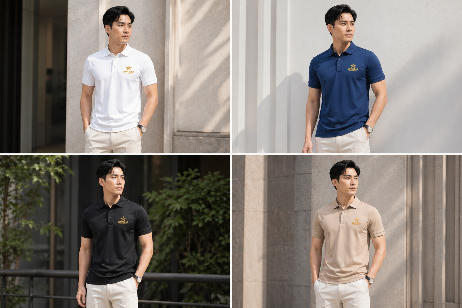 Bộ sưu tập 4 màu áo polo BASU gồm trắng, xanh, đen và be