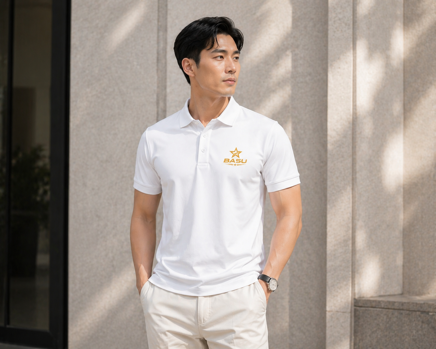 Người mẫu mặc áo polo BASU màu trắng