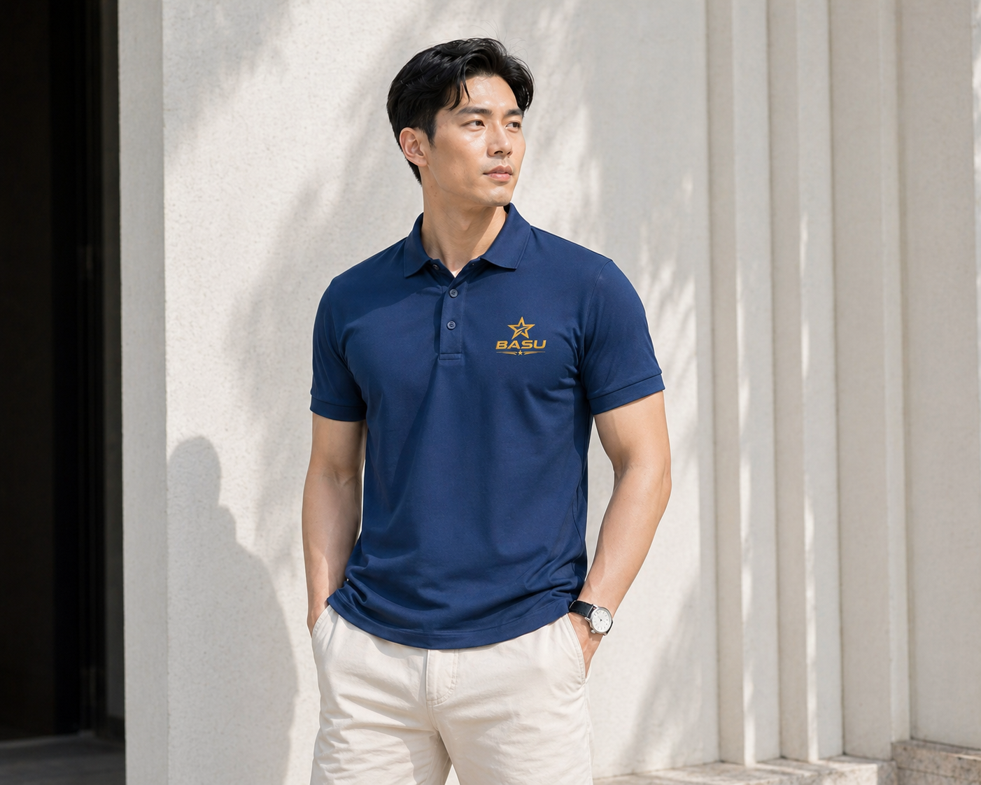 Người mẫu mặc áo polo BASU màu xanh