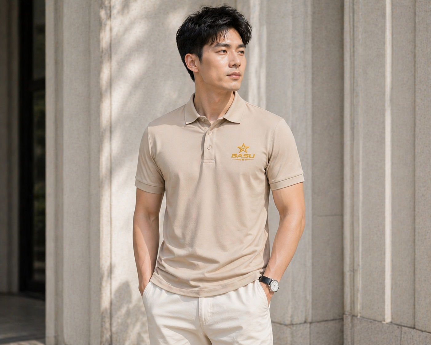 Người mẫu mặc áo polo BASU màu be